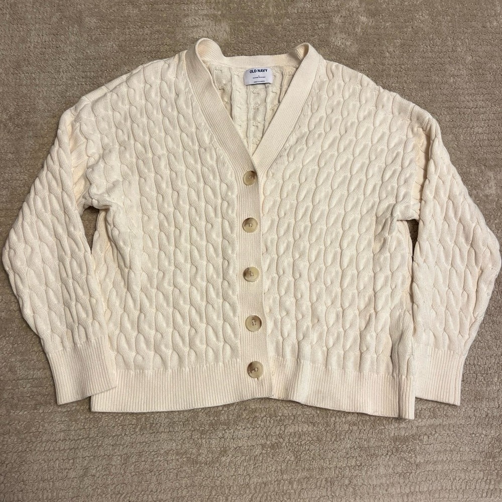Old Navy Slouchy Cable-Knit Cardigan Sweater women's size LG 100% cotton cream